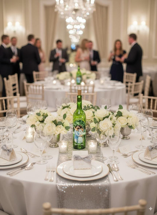 Custom wine bottle table centerpiece with your own photo and message on a bottle.