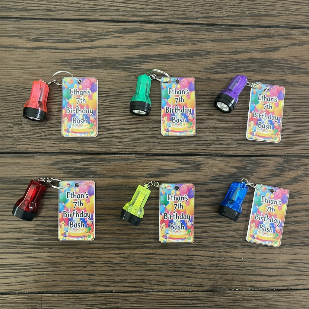 Children's birthday bask on keychain with led flashlight attached.