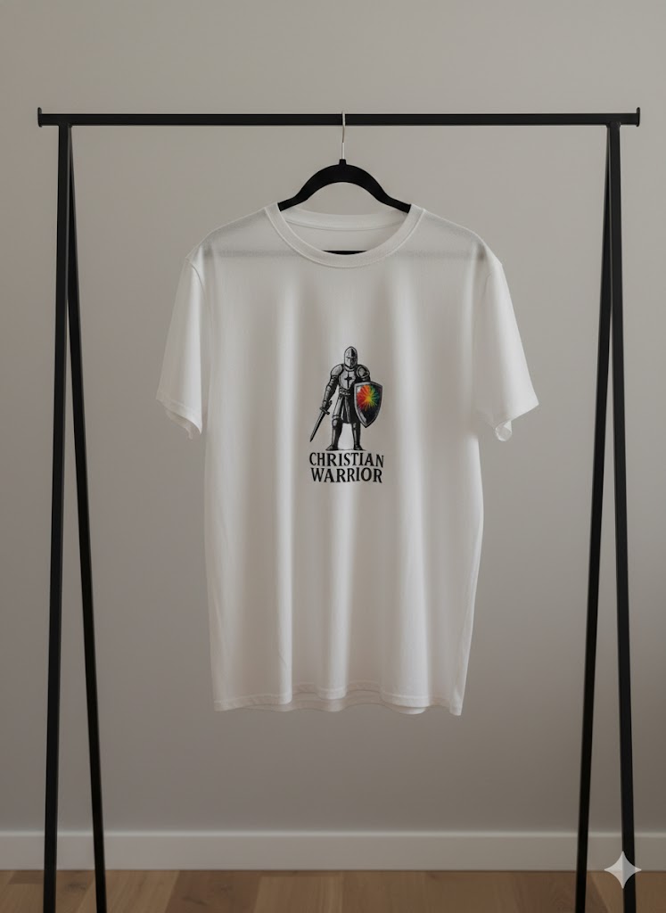 White t-shirt with 'Christian Warrior' graphic on a black rack against a plain wall.