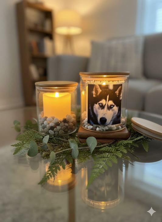 Two lit candles on a table with one featuring a dog photo in memory of in a home setting.
