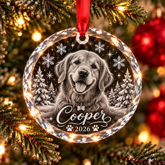Round shaped crystal ornament with a golden retriever dog with his name and date.