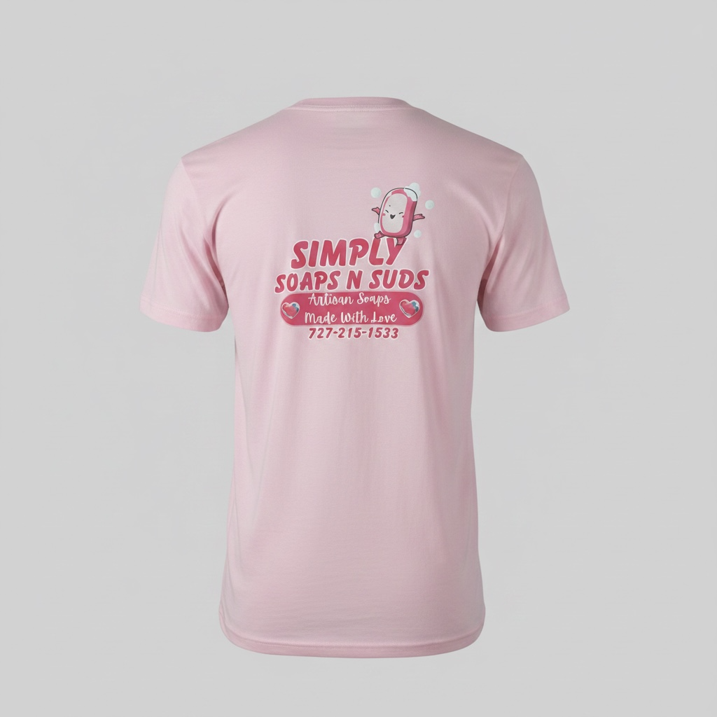 A light pink short-sleeve t-shirt shown from the back, featuring a cartoon graphic of a pink soap bubble character above the text 'SIMPLY SOAPS N' SUDS' and 'Made with Love 727-215-1533' on a solid light gray background.