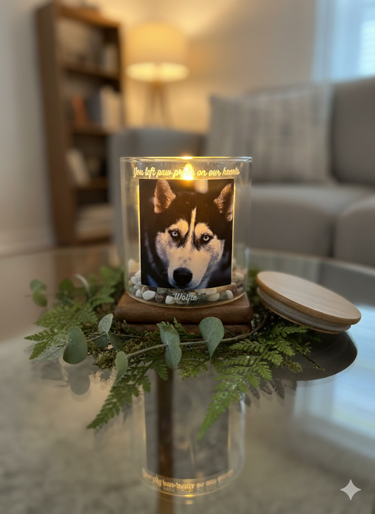 Candle with a dog's face on it in a living room setting