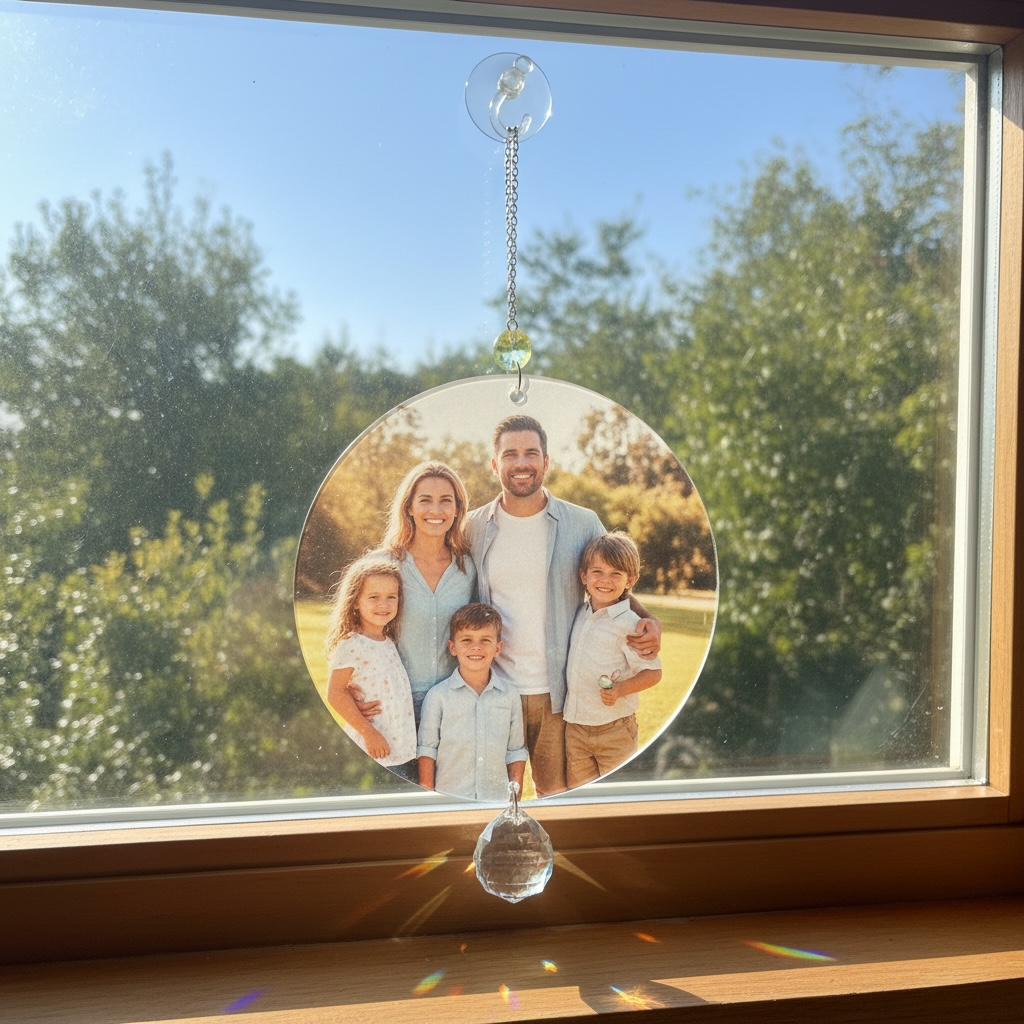 A circular glass suncatcher ornament with a custom family photo printed on it, hanging from a clear suction cup on a window. The photo shows a family of five, and the ornament is photographed with a sunny outdoor background of trees and blue sky.