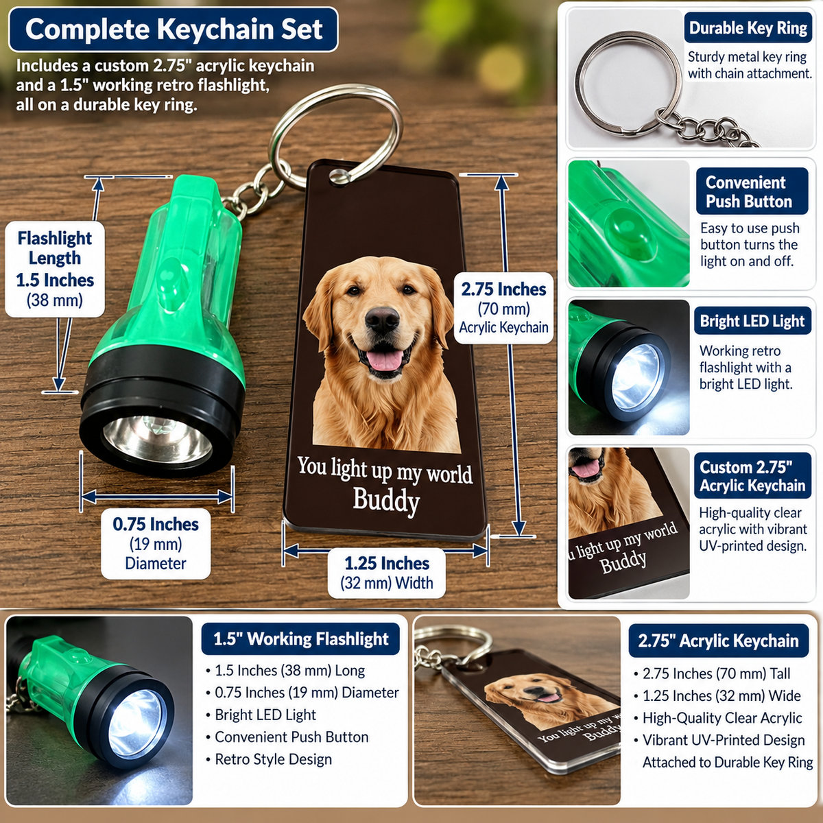 Dimension chart showing 2.75 inch acrylic keychain, key ring and attached 1.5 inch retro working flashlight.