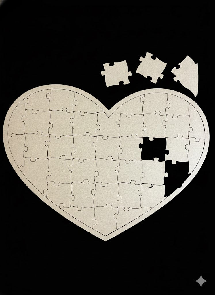 Heart-shaped puzzle with missing pieces on a black background