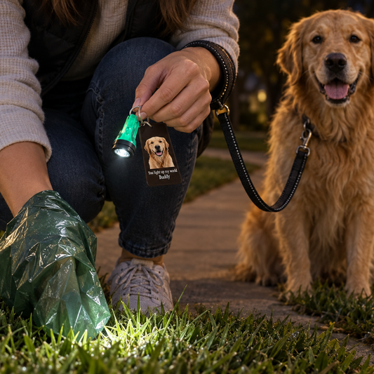 Picture of a dog on a custom keychain with retro flashlight