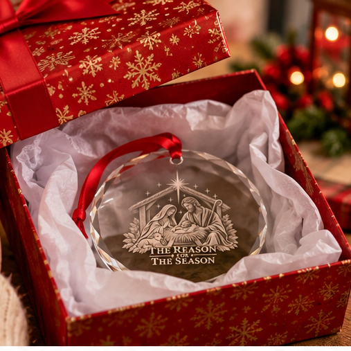 Crystal nativity Christmas ornament with red ribbon nestled in white tissue inside an open red gift box.