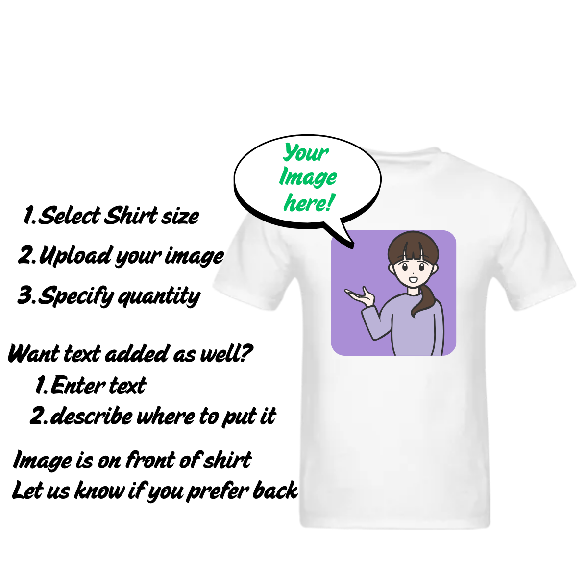 White t-shirt with a graphic of a person and text instructions on how to customize the shirt.