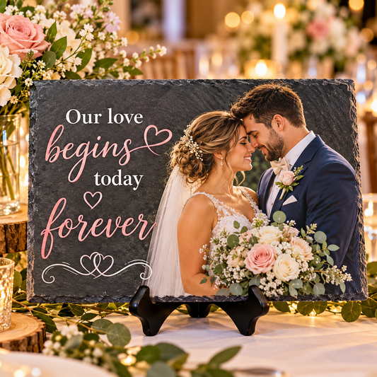 Wedding couple in colored photo with the text Our love begins today forever