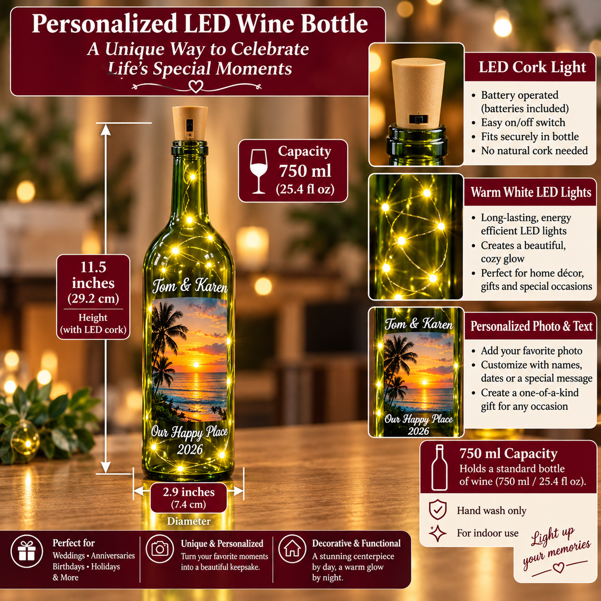 Green wine bottle with dimensions of bottle