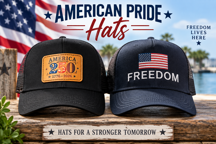 Black cap with 'FREEDOM' and American flag on a wooden stand indoors.