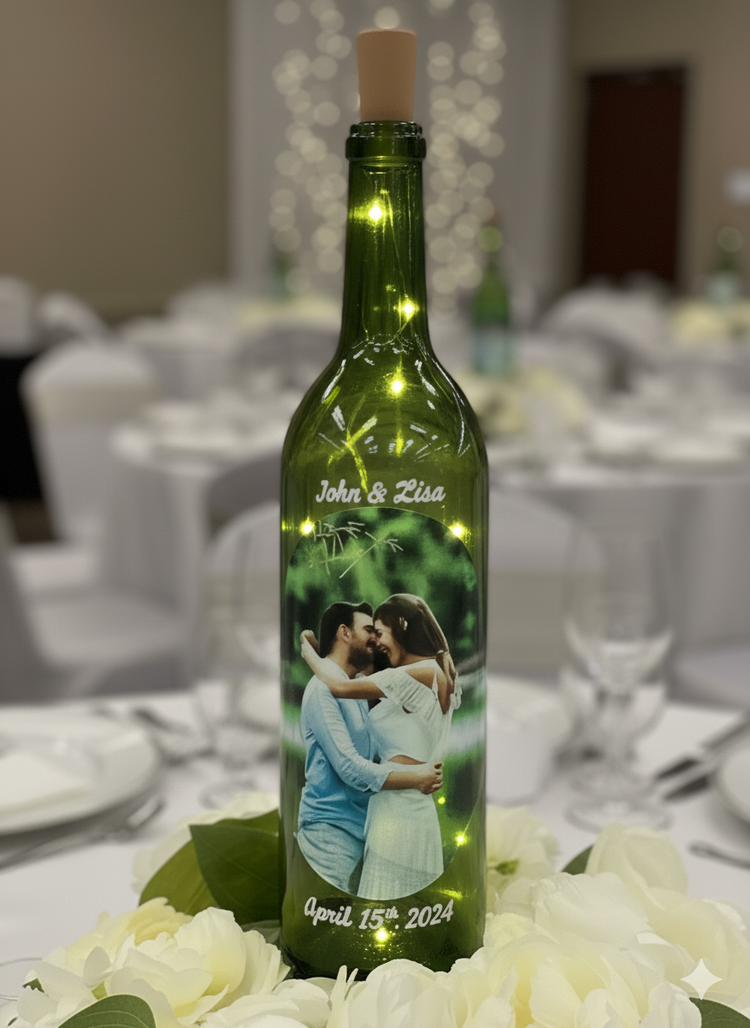 LED wine bottle decor centerpiece with your own photo and text message directly printed on the bottle.  Choices of green, blue or clear bottle. Makes a great wedding, birthday, anniversary, engagement or special friends gift. 