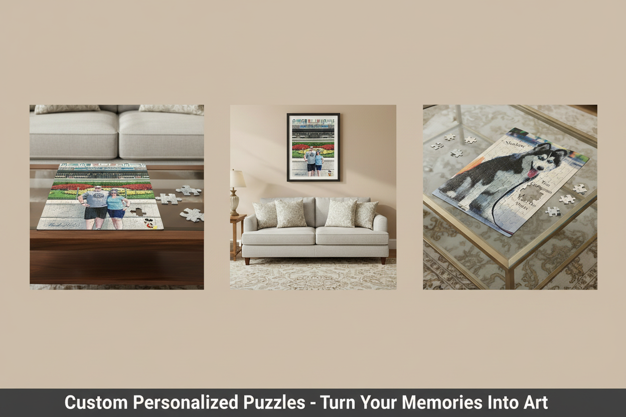 Jigsaw puzzle of a dog on a glass coffee table with a completed section.