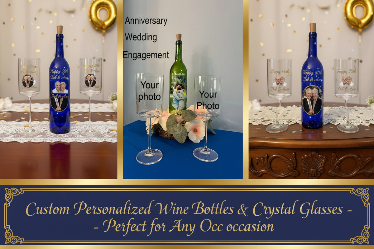 Personalized wine bottle and crystal glass gift set — elegant custom engraved gift for weddings, anniversaries, and special occasions from HillTop Gifts