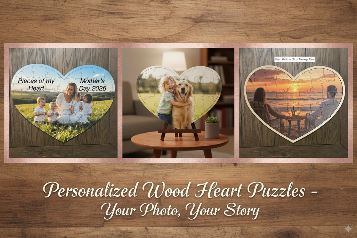 Personalized wood heart puzzle with a mother and children on the photo.  Custom keepsake gift from Hilltop Gifts 
