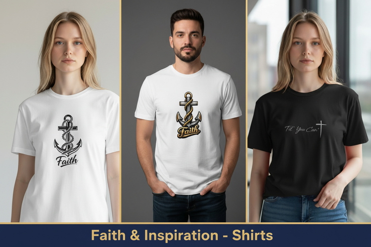 Man wearing a white t-shirt with an anchor design and 'Faith' text on a gray background