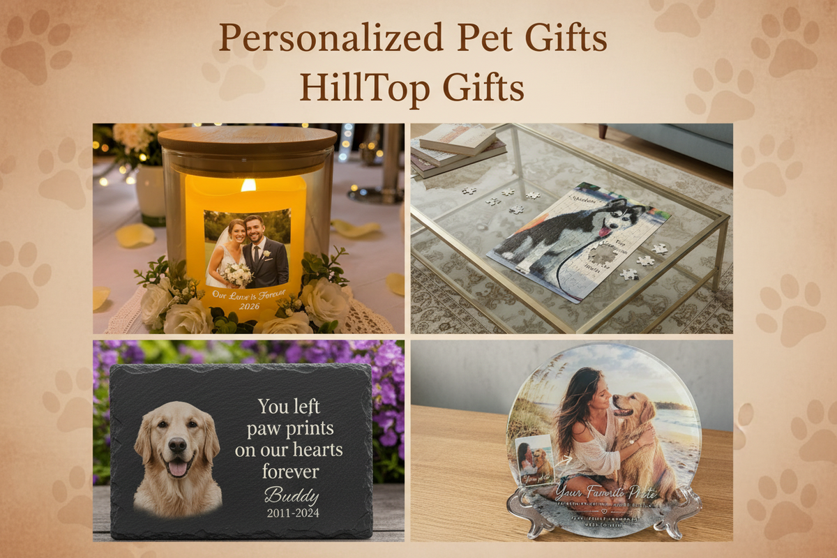 Personalized pet gifts collage — custom keepsakes and accessories for dog and cat lovers from HillTop Gifts