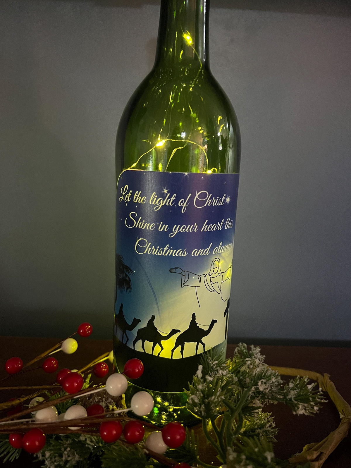 Lighted Wine Bottle | Christian Christmas Decor | Inspirational Gift