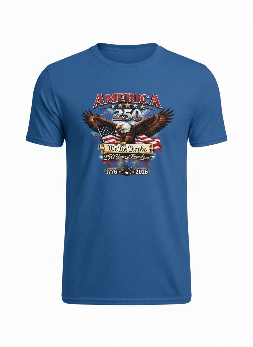 Blue t-shirt with American eagle and flag design on a white background