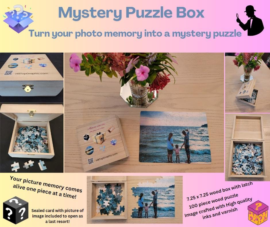 Mystery Puzzle Box product advertisement with images of a wooden box, flowers, and a family photo.