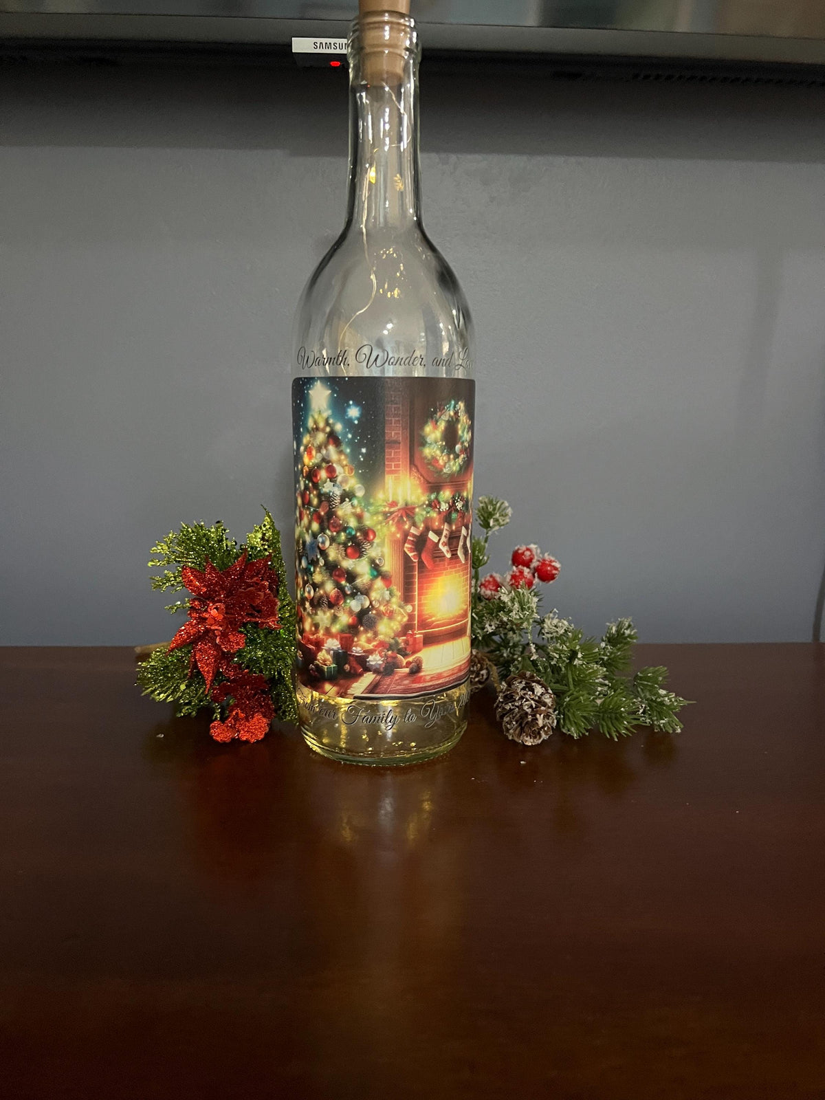 Lighted Christmas Wine Bottle | Fireplace & Stockings Scene - 2025 Gift