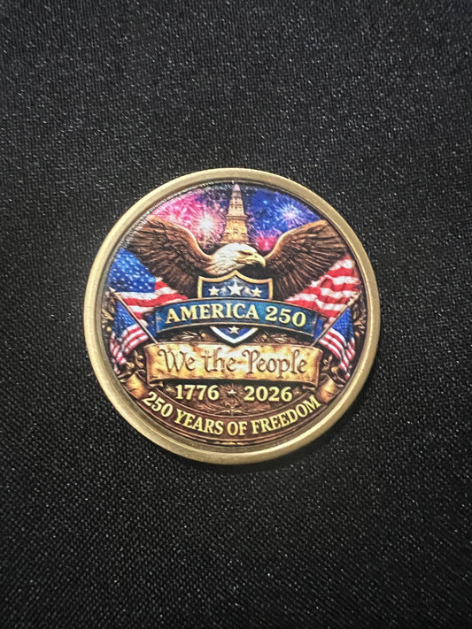 Coin with American flag and eagle design on a black background