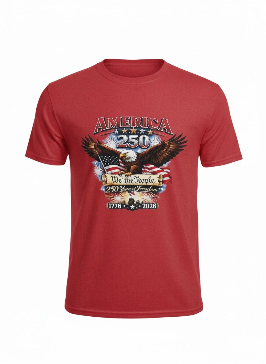 Red t-shirt with American flag and eagle design on a white background