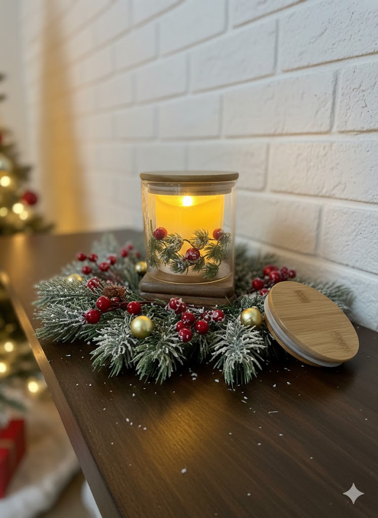 Decorative candle with wreath and berries on a wooden surface, Christmas tree in the background.