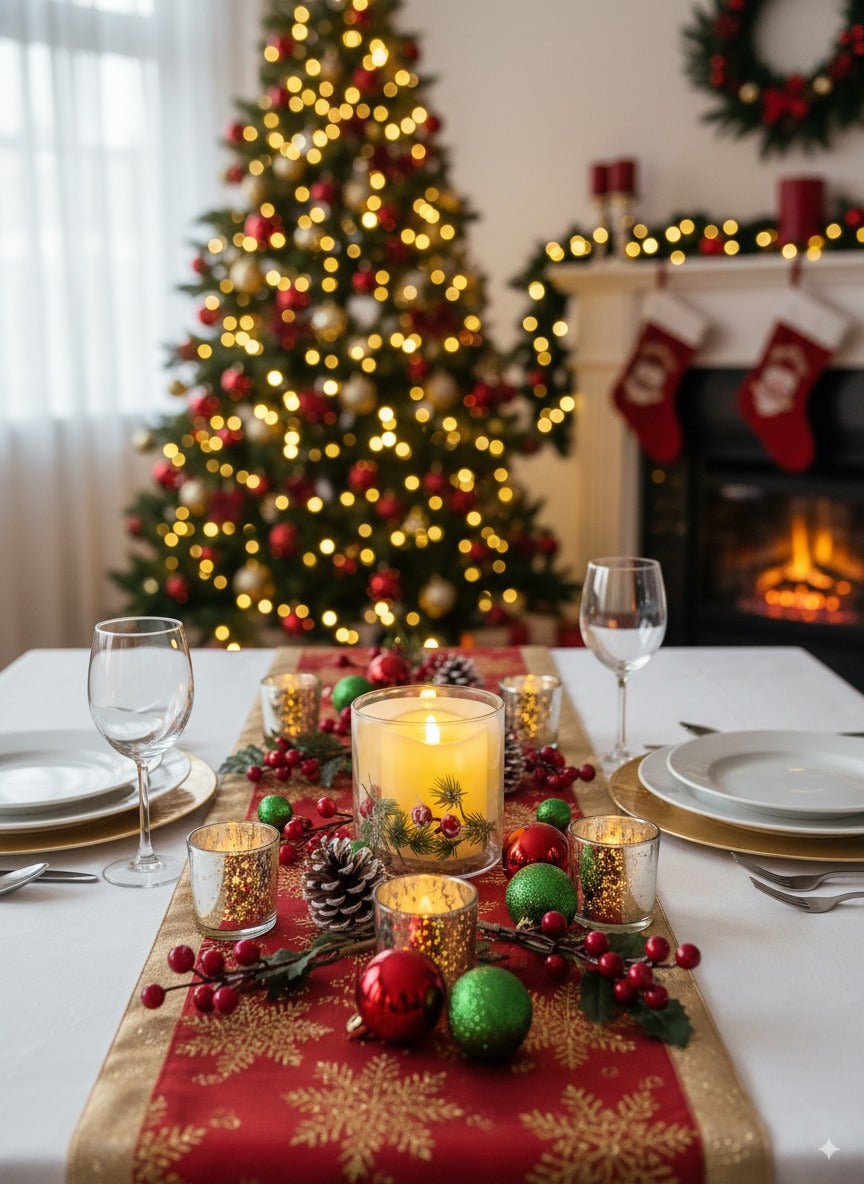 Decorated Christmas table with candles, ornaments, and a tree in the background.