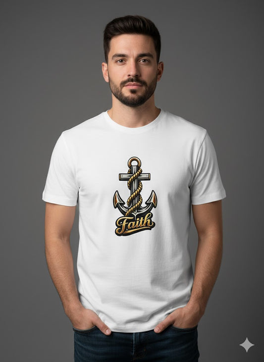 Man wearing a white t-shirt with an anchor design and 'Faith' text on a gray background