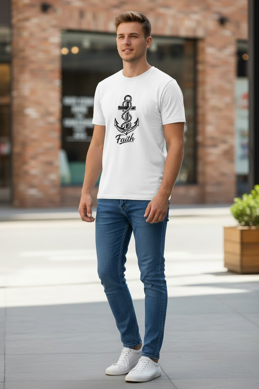 Man wearing a white t-shirt with an anchor design and 'Faith' text, standing outdoors.