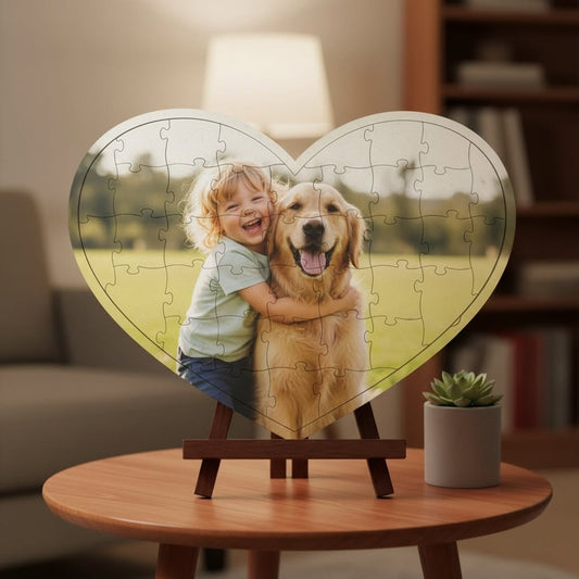 A heart-shaped jigsaw puzzle displayed on a small wooden easel stand, featuring a printed photo of a smiling child hugging a golden retriever outdoors. The puzzle is set on a round wooden table in a cozy living room with a lamp, bookshelf, and small potted succulent in the background.