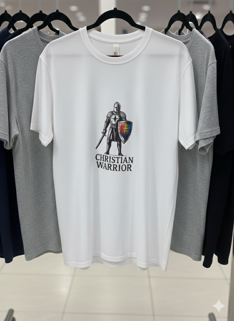 White t-shirt with 'Christian Warrior' graphic on a rack of other shirts.