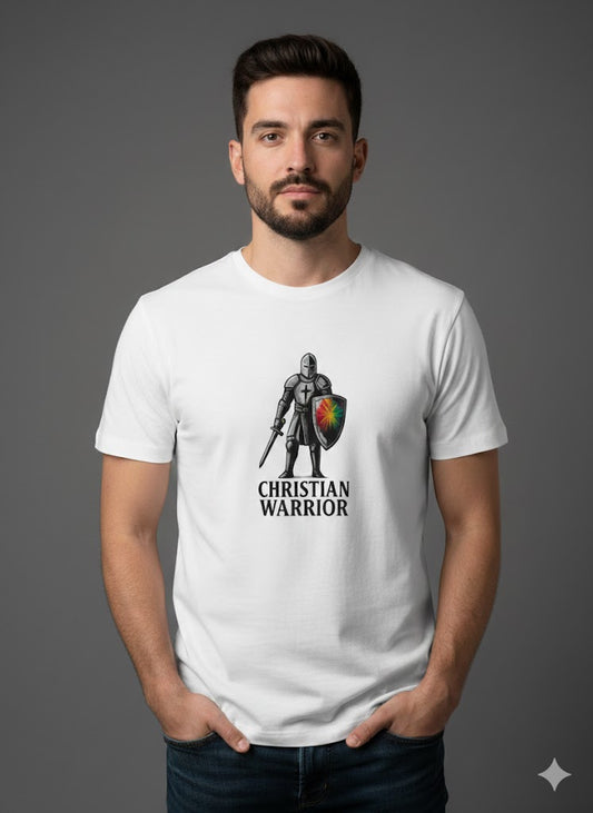 Man wearing a white t-shirt with 'Christian Warrior' design on a gray background
