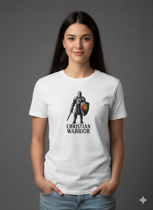 Woman wearing a white t-shirt with a graphic design and text on a gray background