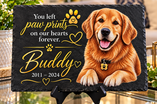 Colored picture of a dog with you left paw prints on our hearts forever with the date 