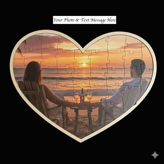 Heart-shaped puzzle with a couple at sunset by the ocean, customizable text overlay.