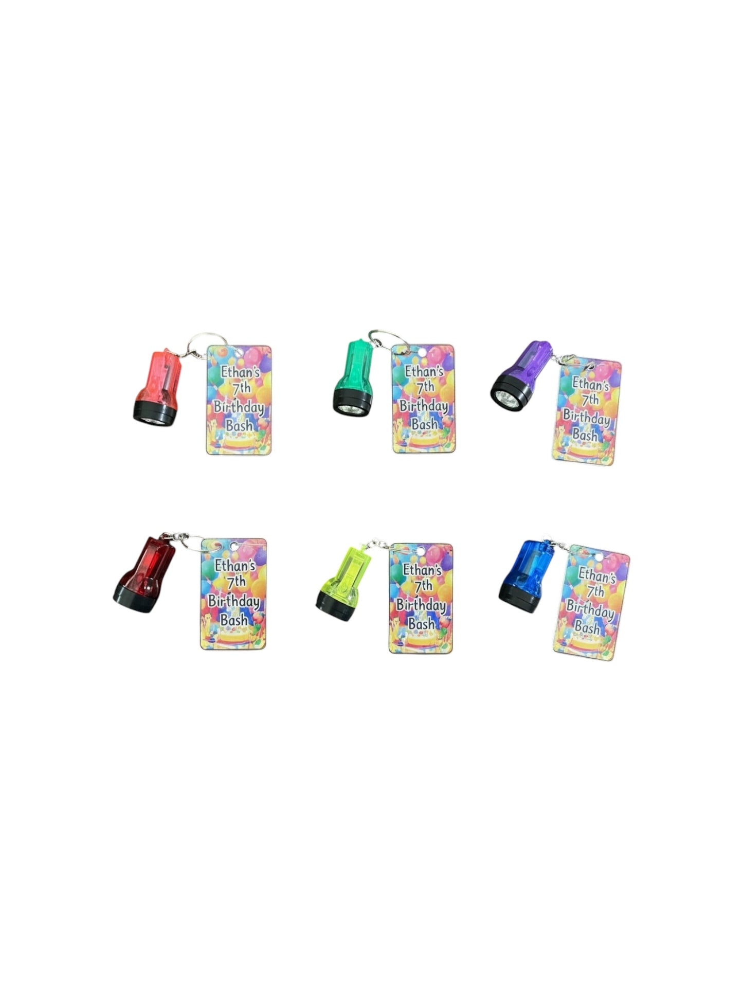 Children's birthday bask on keychain with led flashlight attached. 