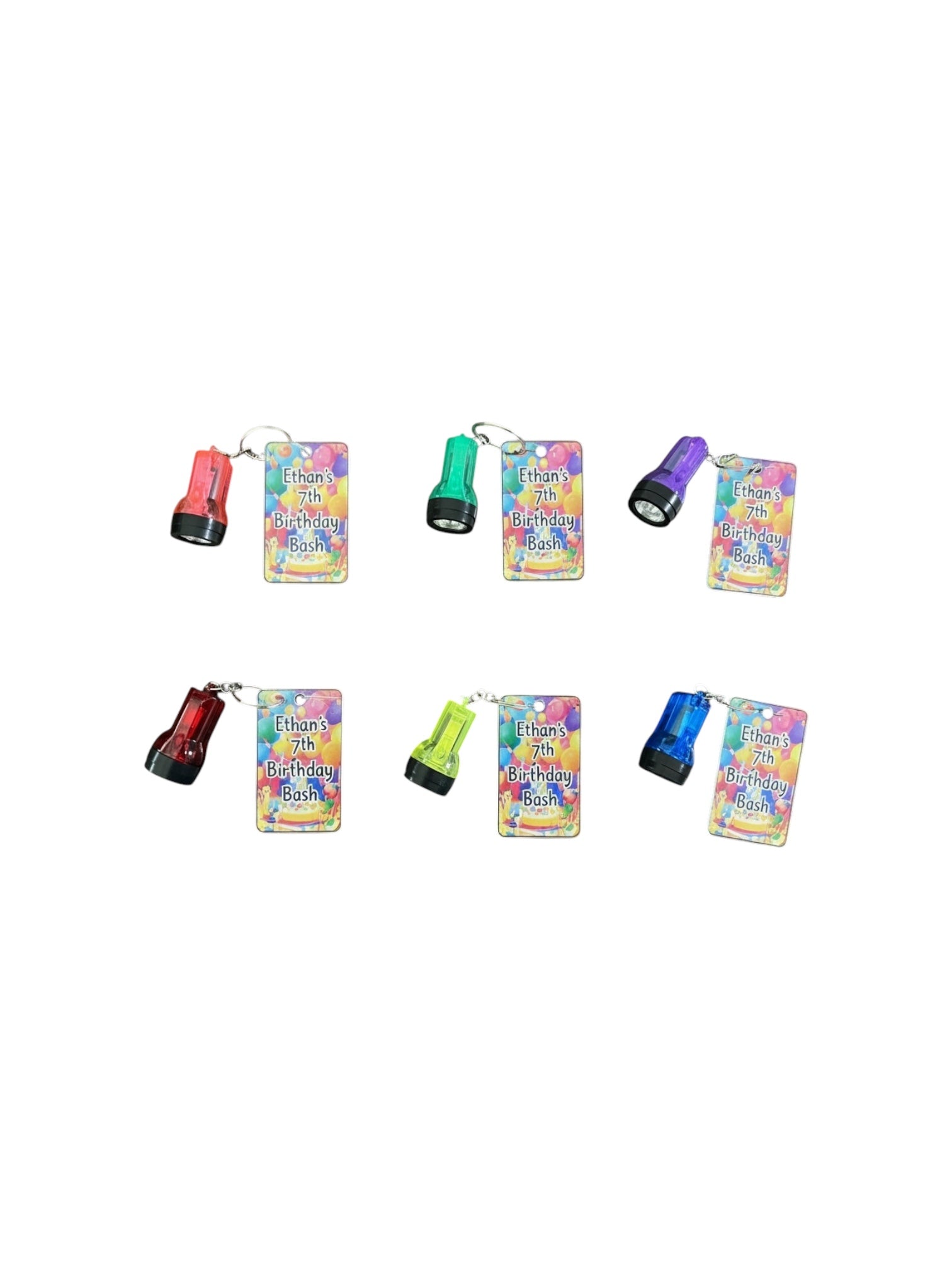 Children's birthday bask on keychain with led flashlight attached. 