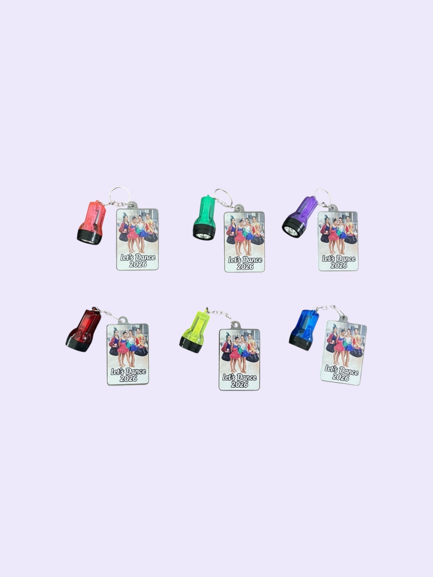 Dance organization images on acrylic keychain with led flashlight attached. 
