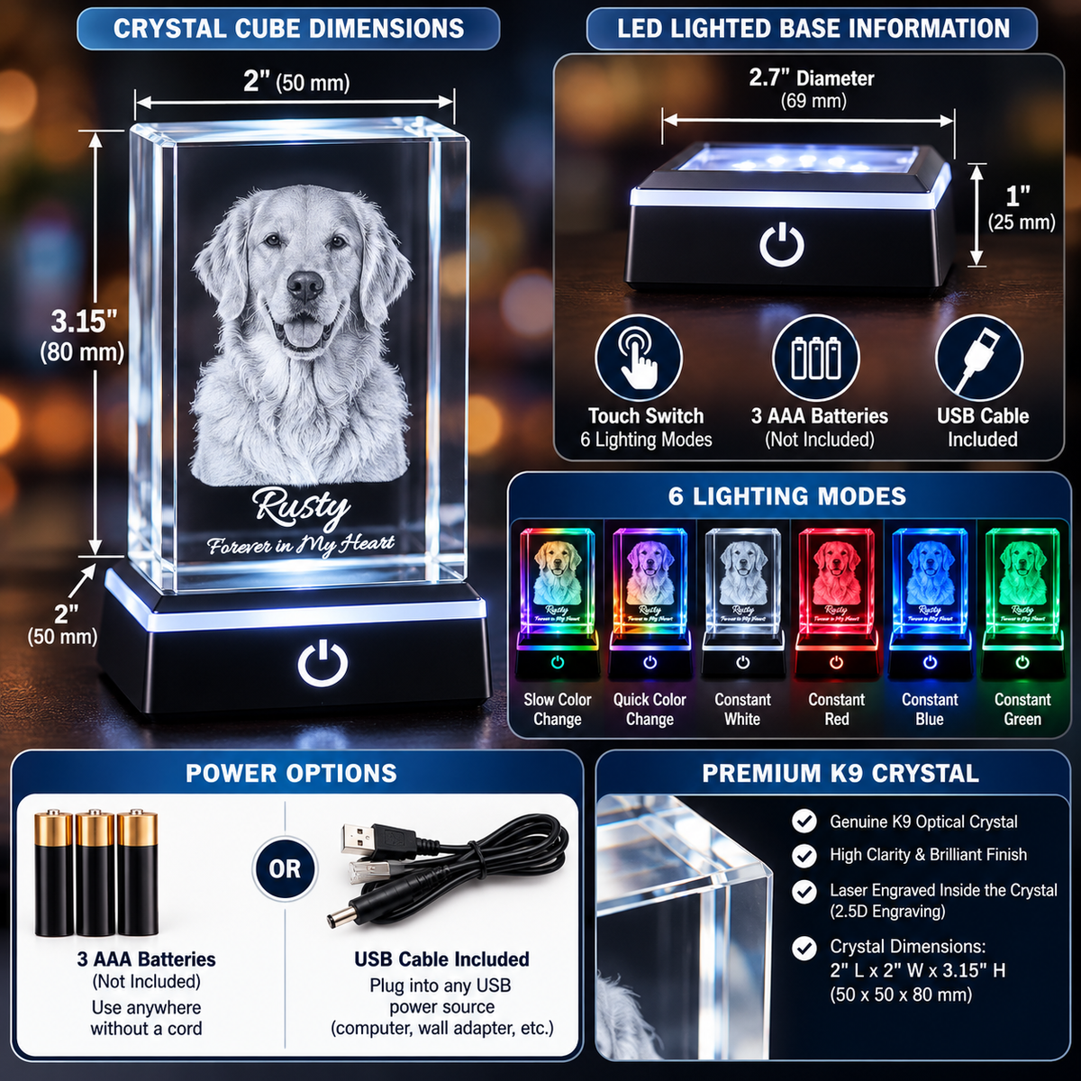 K9 photo crystal measuring 2 × 2 × 3.15 inches, with LED base dimensions, six lighting modes, and USB or AAA battery power options.