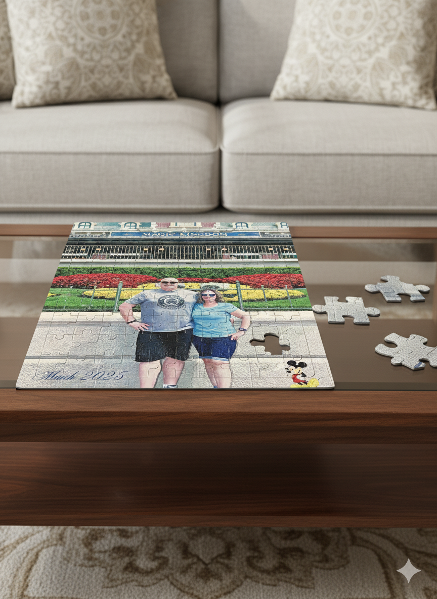 Jigsaw puzzle on a coffee table with a couple's photo, next to a completed section, with a couch in the background.