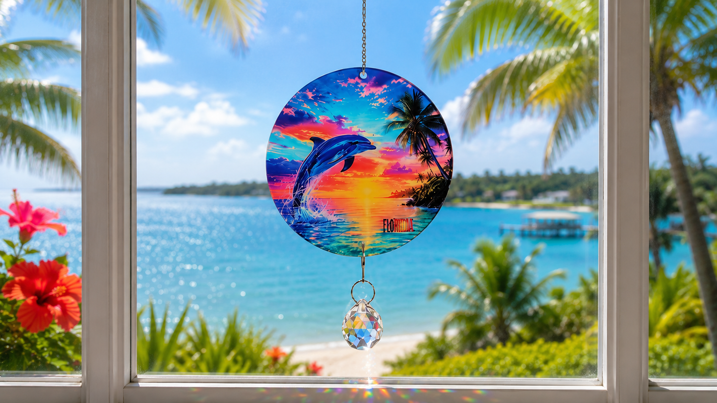 A circular suncatcher with a colorful tropical beach scene featuring a leaping dolphin, hanging in front of a window with a crystal prism charm below, set against a tropical beach background.