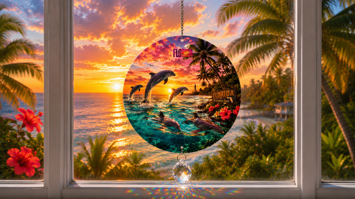 A circular Florida-themed suncatcher ornament with dolphins, palm trees, and a sunset scene, hanging in front of a window with a crystal ball charm below it.