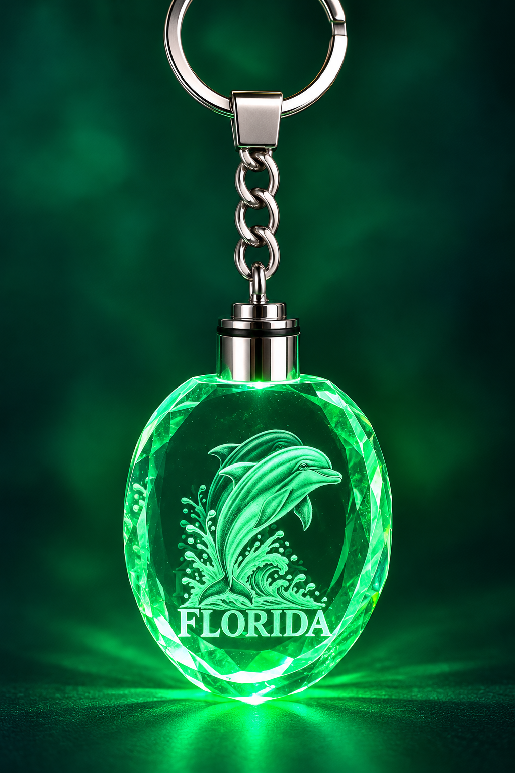   Florida oval crystal LED keychain with dolphin engraving illuminated in green
   
