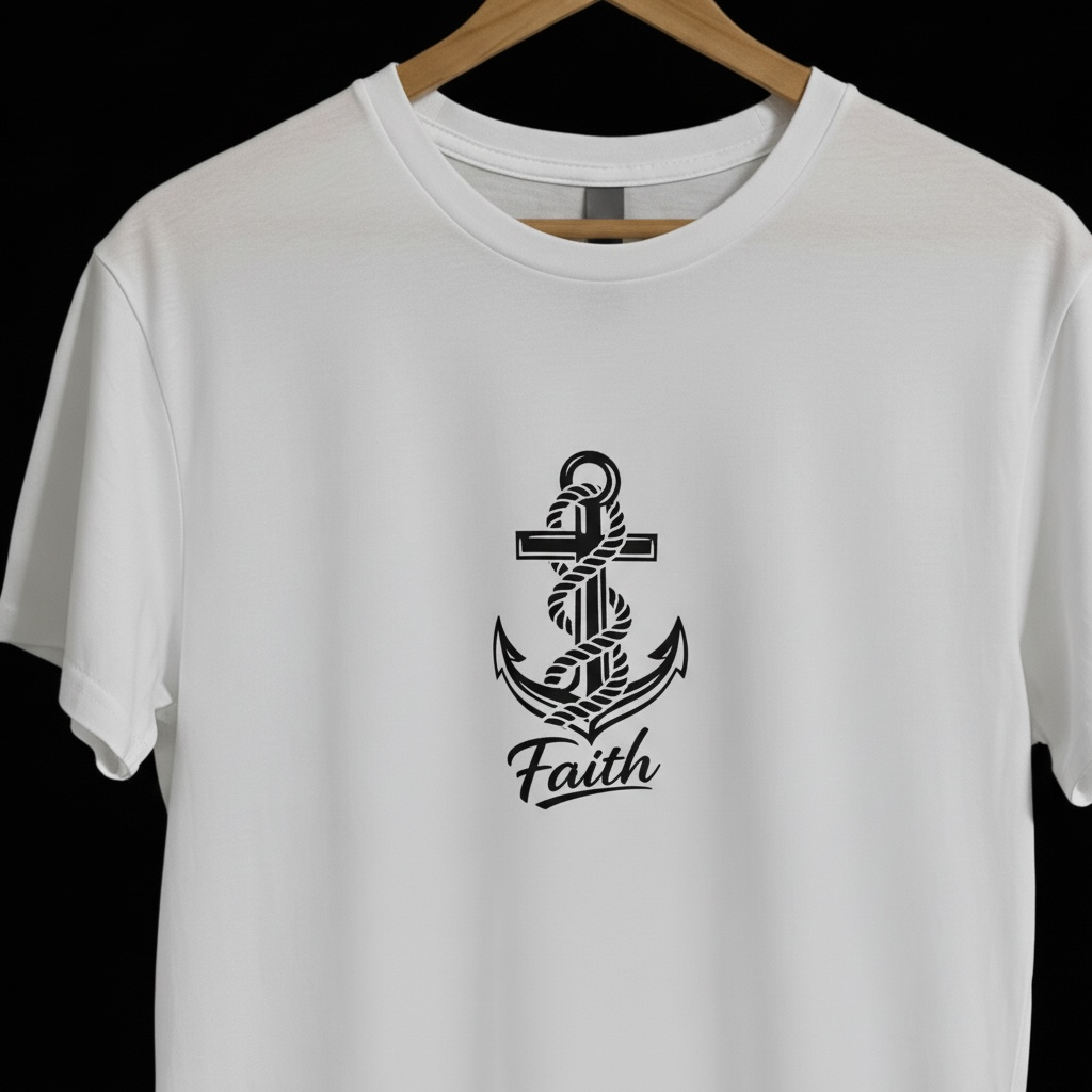 White t-shirt with black anchor design and 'Faith' text on a hanger against a black background