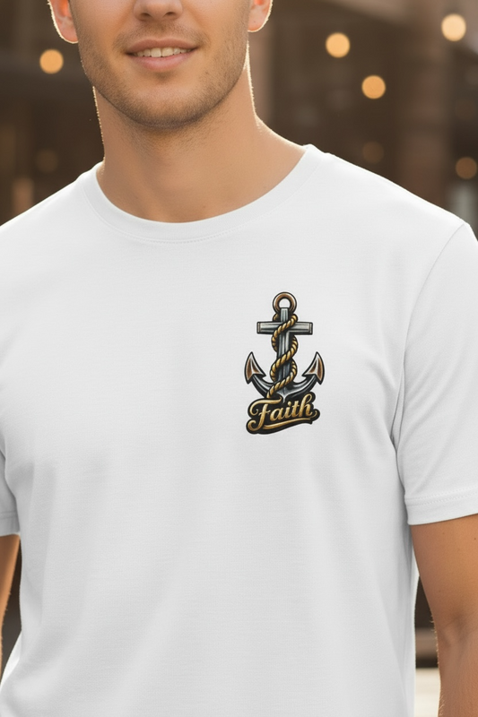 Man wearing a white t-shirt with an anchor and 'Faith' design.