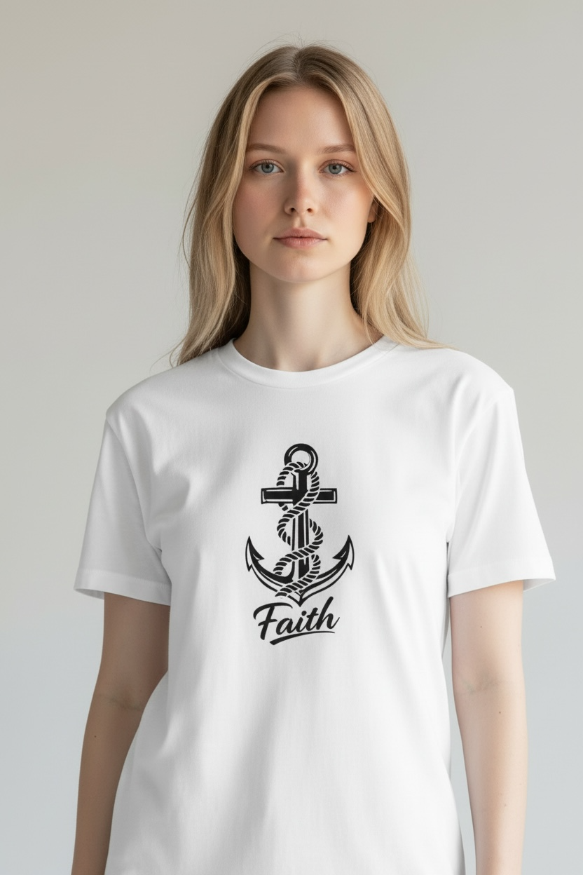Person wearing a white t-shirt with an anchor design and 'Faith' text on a plain background