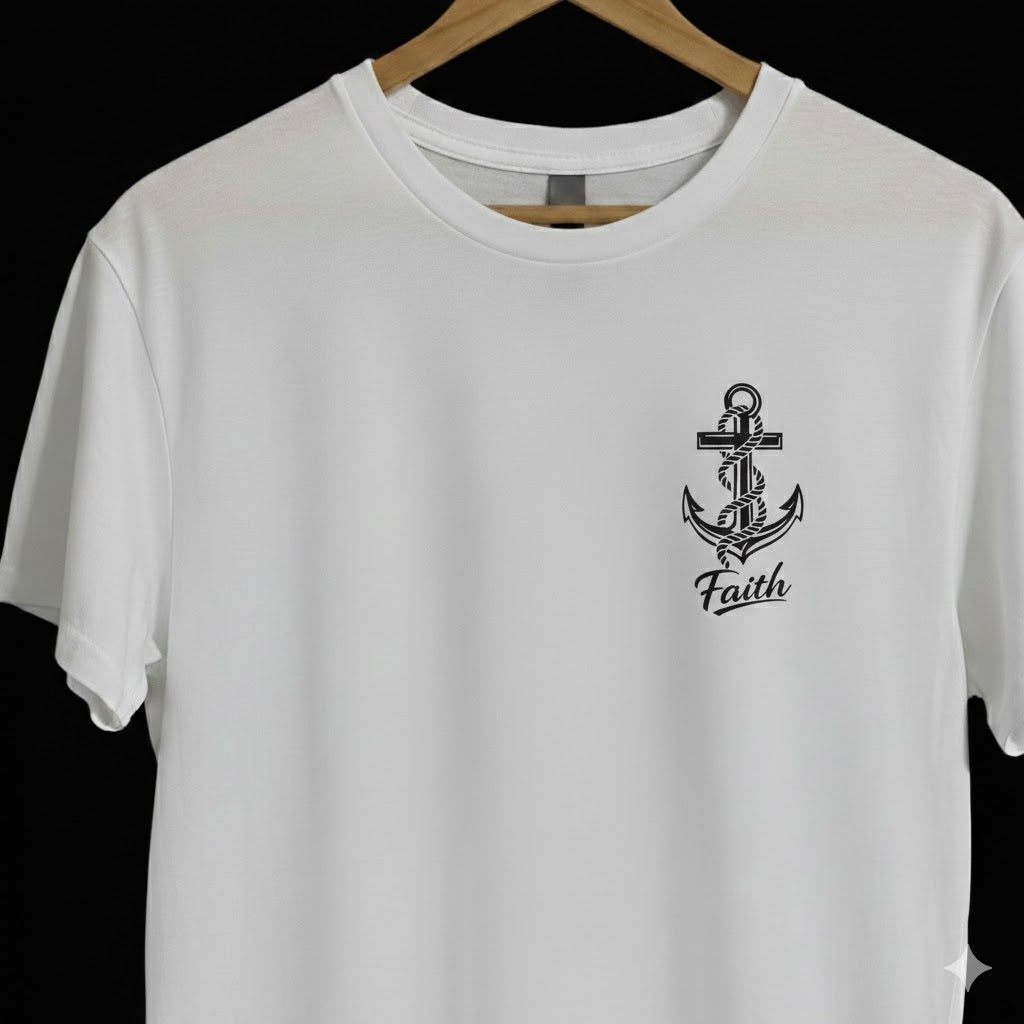 White t-shirt with an anchor design and 'Faith' text on a hanger against a black background